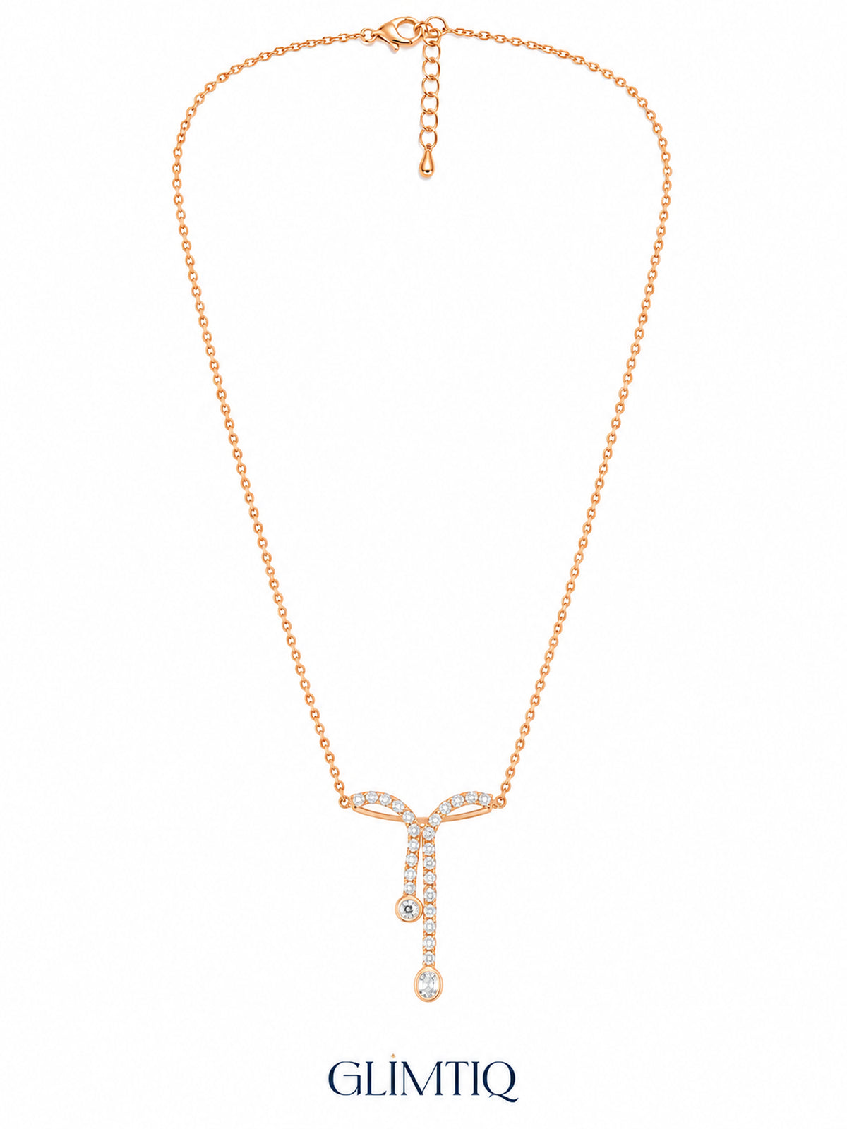 Full view of Bow Lariat 18K Gold Plated Necklace showing its chain, clasp and extender