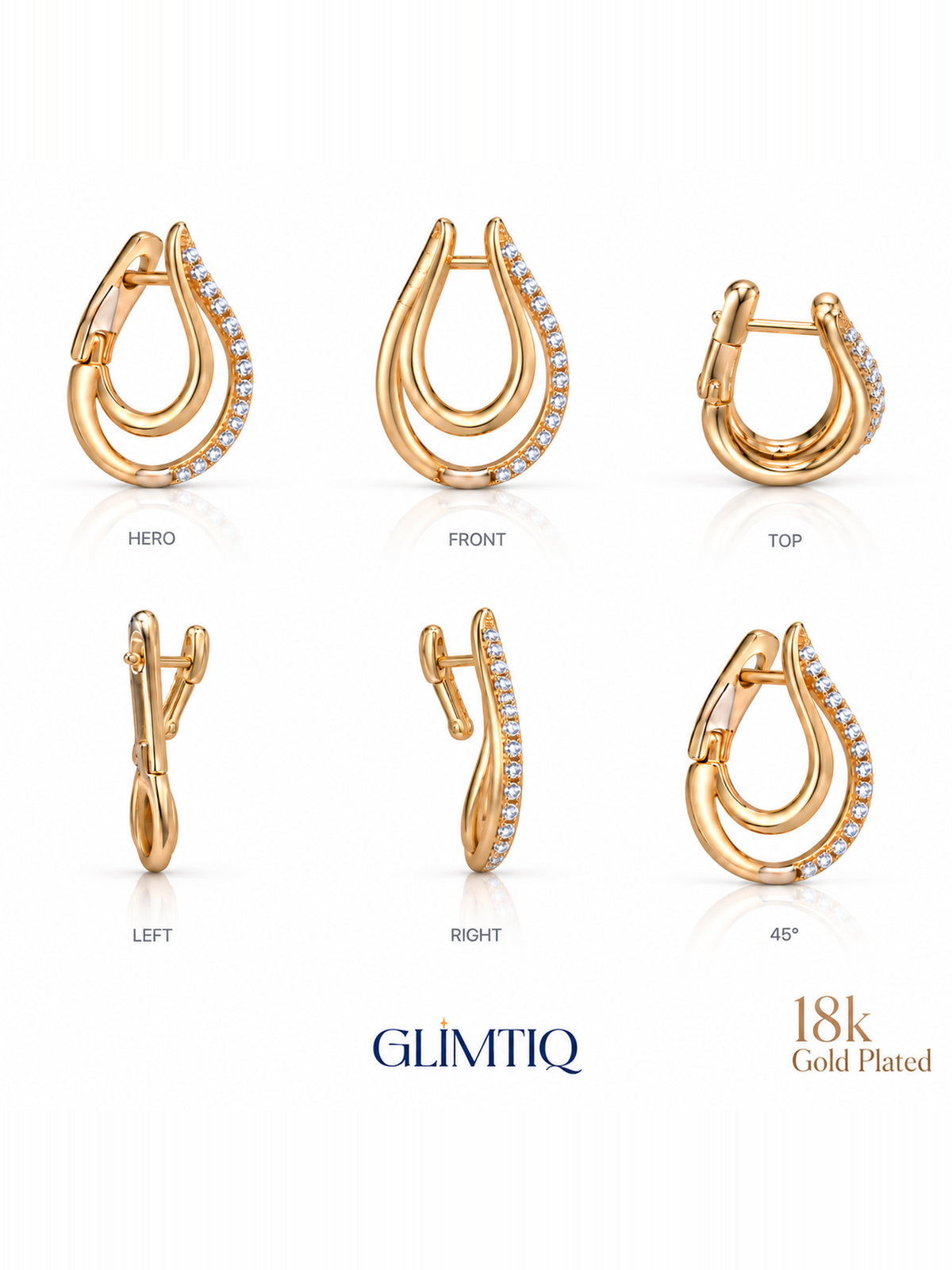 Six views of golden swoop 18k gold plated huggie earrings showing front, sides and back
