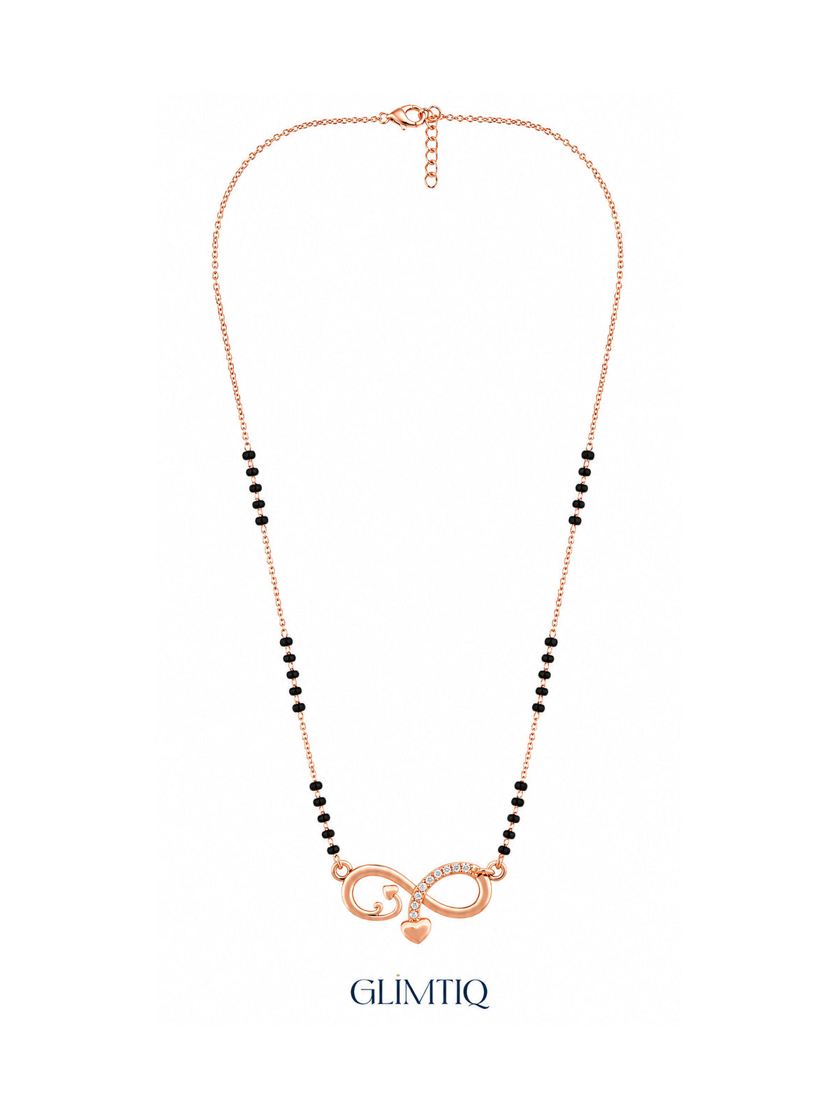 Full rose gold mangalsutra showing black bead sections, infinity pendant with sparkling accents and a hanging heart charm, lobster clasp and extension chain.