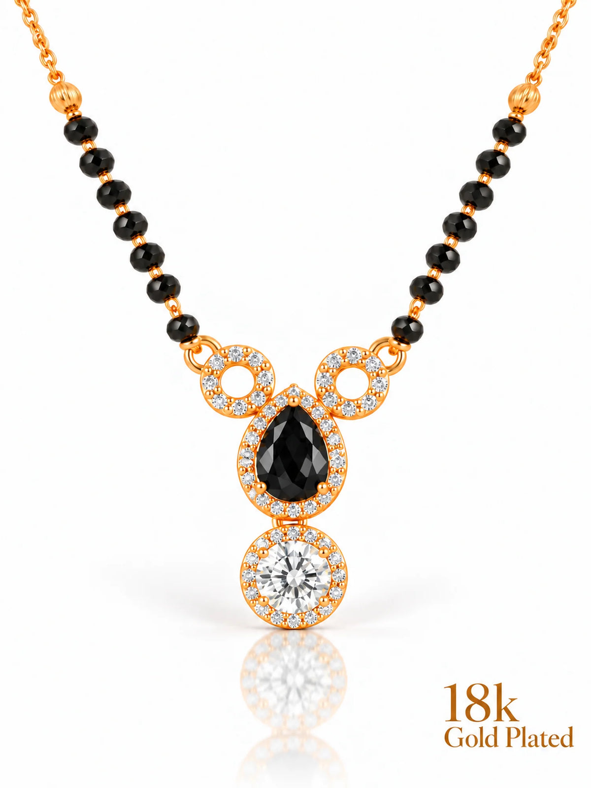 Dual Halo Solitaire Drop 18K Gold Plated Mangalsutra black upper stone, crystal clear lower stone