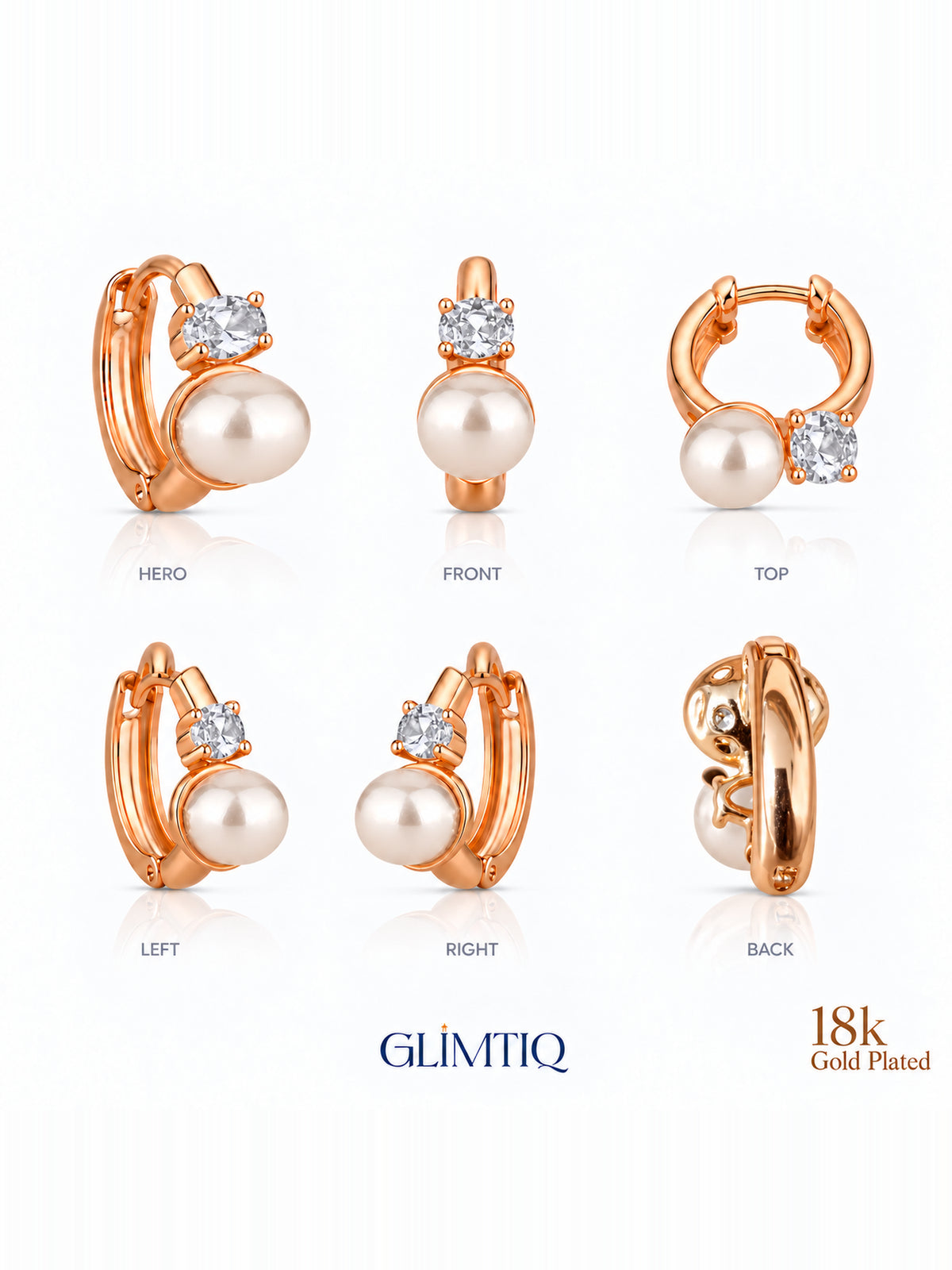 Six views of pearl duet 18k rose gold plated hoop earrings showing front, sides and back