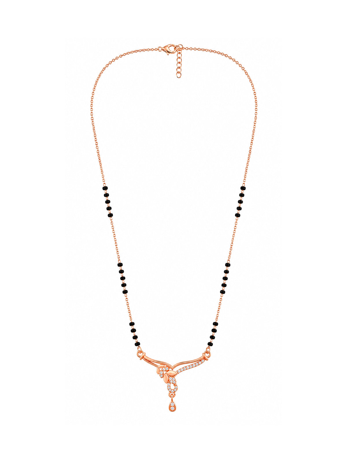Full rose gold mangalsutra showing black bead sections, flowing leaf trail with a sparkling open drop and hanging teardrop, lobster clasp and extension chain.