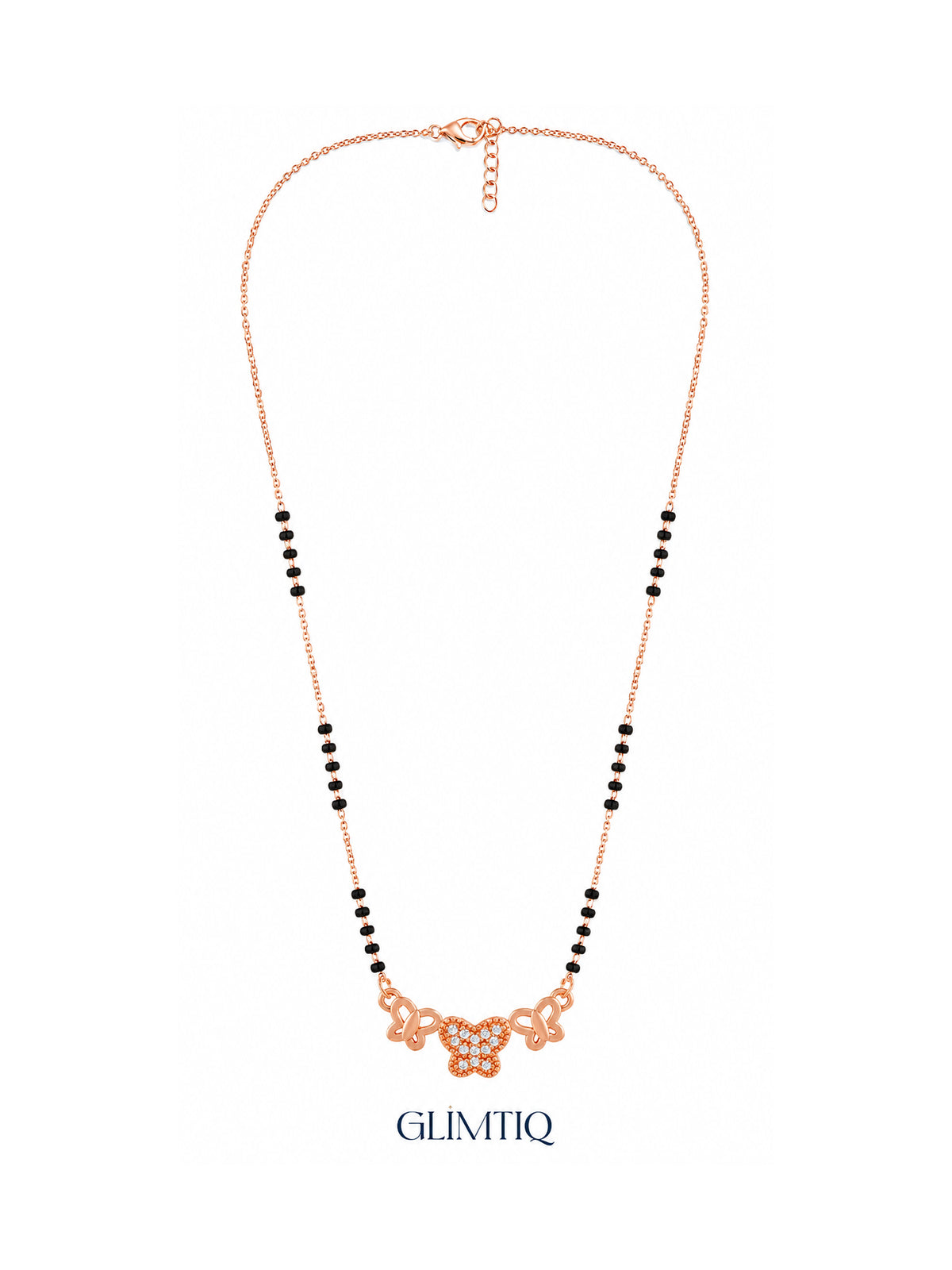 Full rose gold mangalsutra showing black bead sections, three-butterfly pendant with a sparkling centre butterfly, lobster clasp and extension chain.