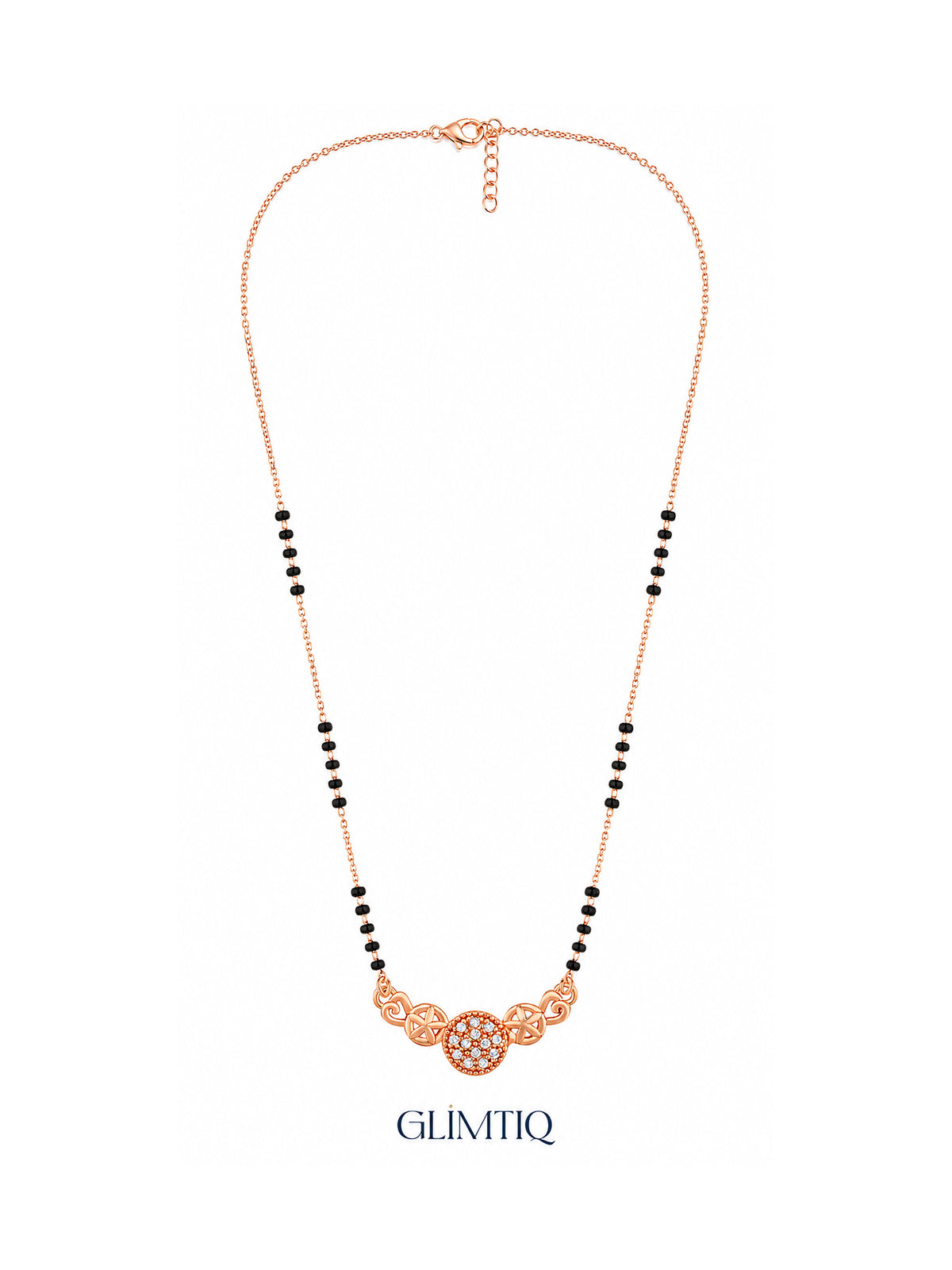 Full rose gold mangalsutra showing black bead sections, twin rose-gold stars framing a sparkling round centre, lobster clasp and extension chain.