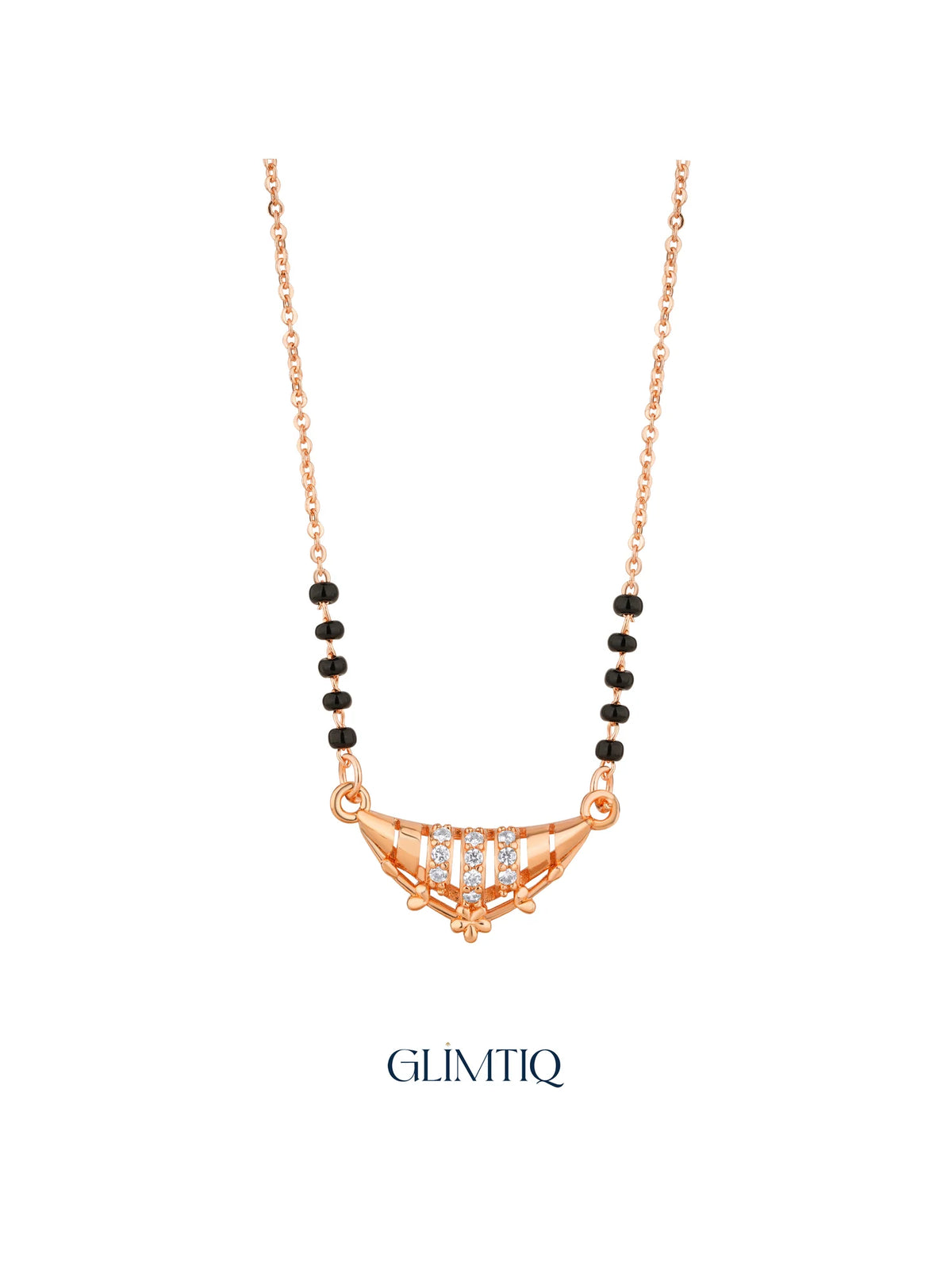 Close-up of rose gold crescent floral mangalsutra pendant with sparkling stone rows and delicate floral detail.