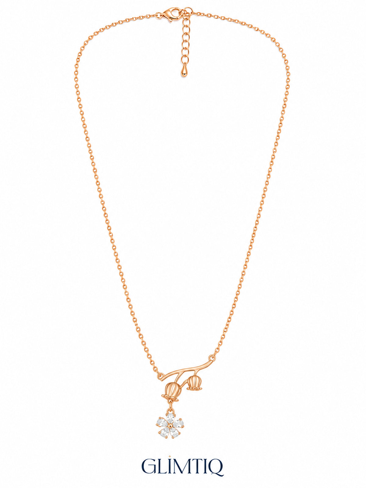 Full view of Bell Flower 18K Gold Plated Necklace showing its chain, clasp and extender