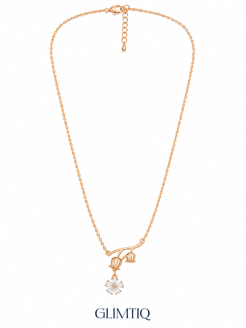 Full view of Bell Flower 18K Gold Plated Necklace showing its chain, clasp and extender