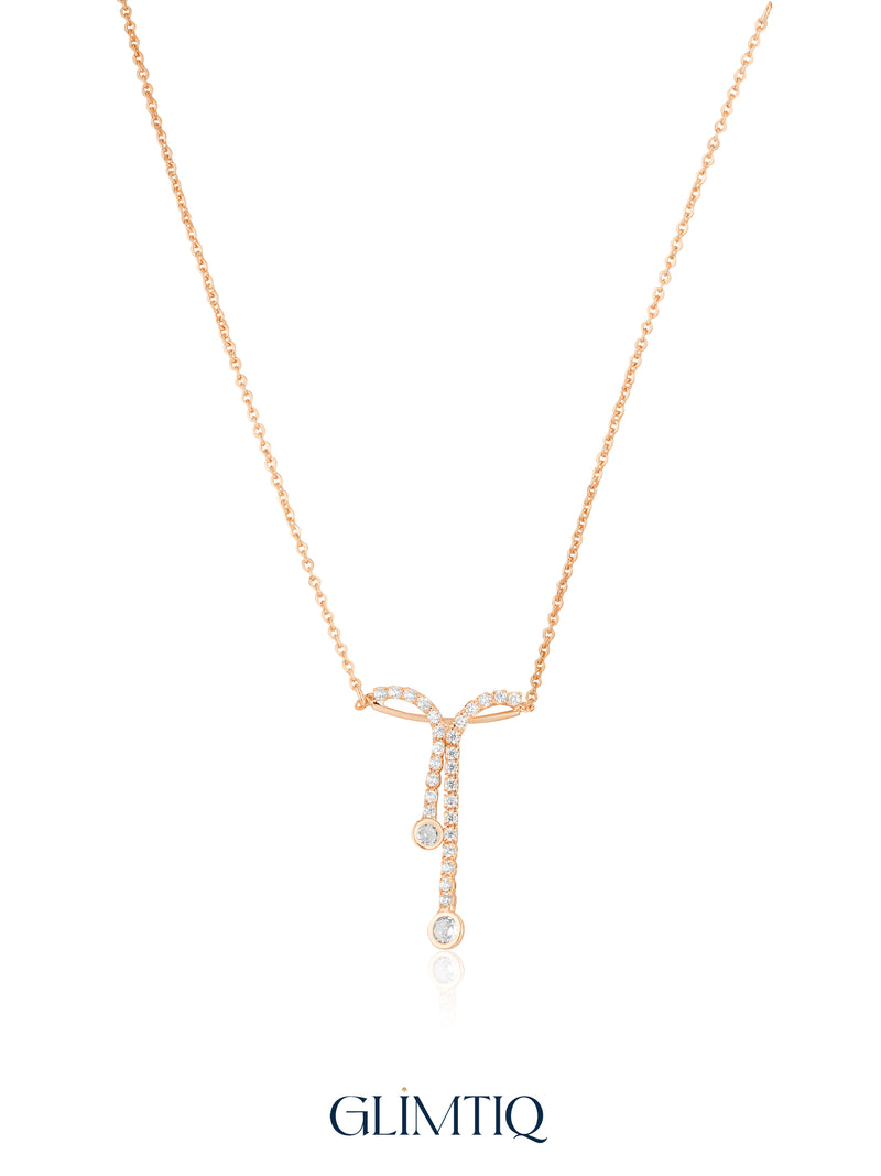 Bow Lariat 18K Gold Plated Necklace studio view showing the front design and chain
