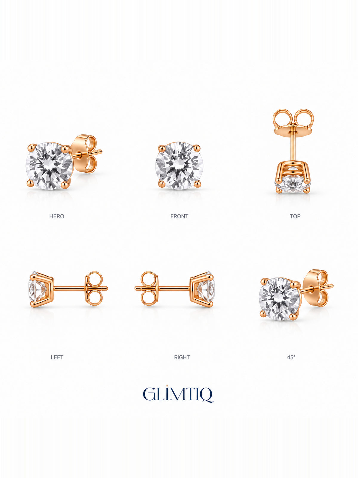 Six views of Celeste Round stud earrings showing four-prong setting, posts and butterfly backs