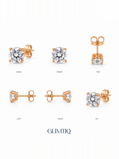Six views of Celeste Round stud earrings showing four-prong setting, posts and butterfly backs