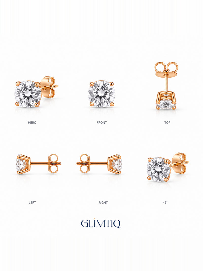 Six views of Celeste Round stud earrings showing four-prong setting, posts and butterfly backs