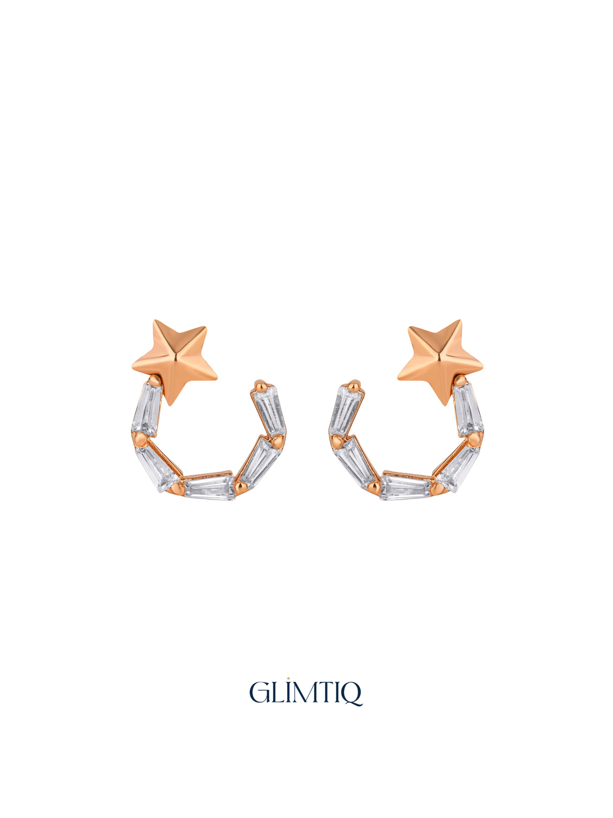 Pair of Celestial Star 18K Rose Gold Plated Drop Earrings, studio view