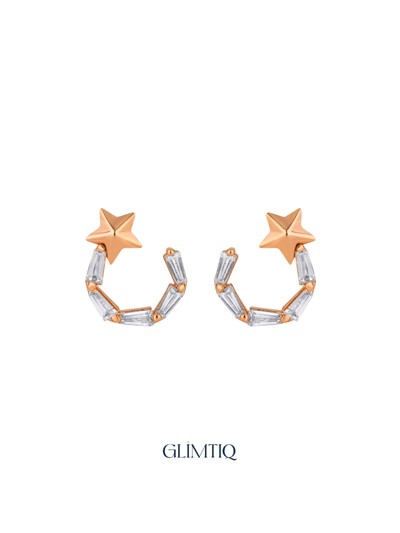 Pair of Celestial Star 18K Rose Gold Plated Drop Earrings, studio view