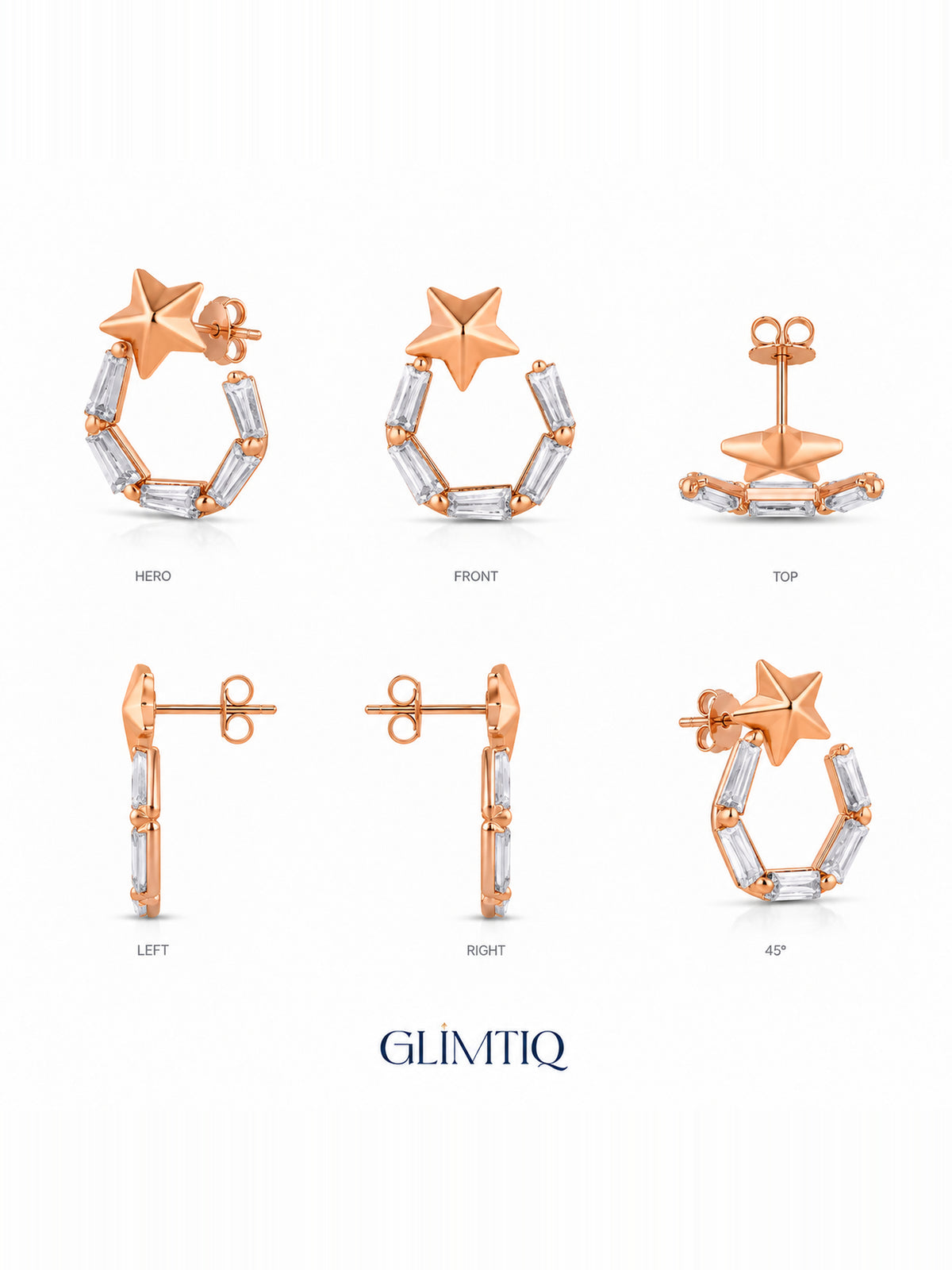 Six views of celestial star 18k rose gold plated drop earrings showing front, sides and back