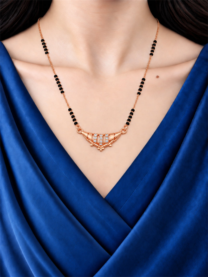 Crescent Floral 18K rose gold plated mangalsutra with black beads shown worn on a model.