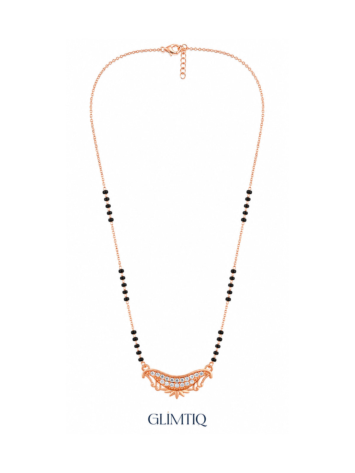 Full Crescent Lotus rose gold mangalsutra showing black bead groups, lobster clasp and extension chain
