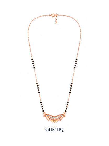 Full Crescent Lotus rose gold mangalsutra showing black bead groups, lobster clasp and extension chain