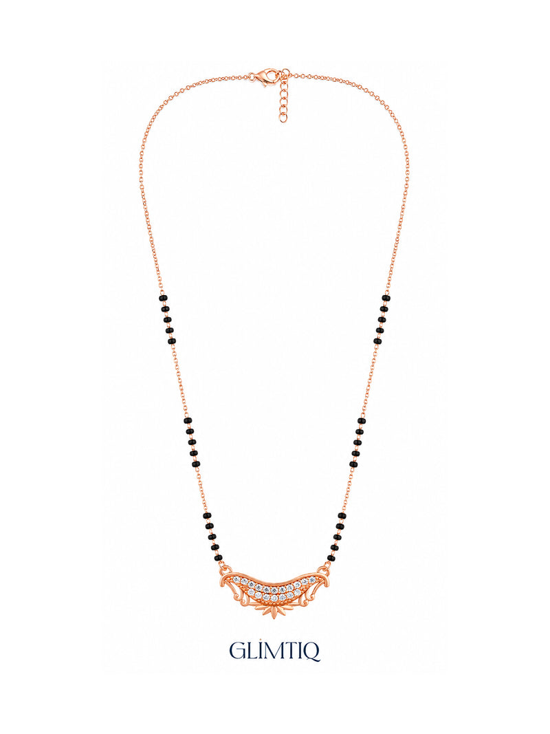 Full Crescent Lotus rose gold mangalsutra showing black bead groups, lobster clasp and extension chain