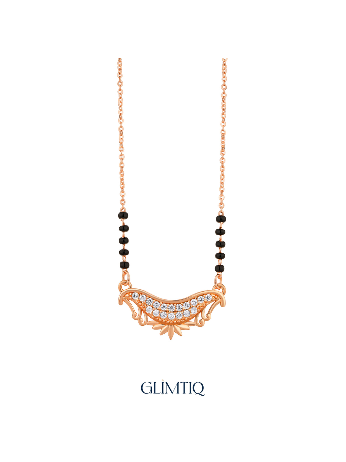 Rose gold crescent mangalsutra pendant with two rows of clear stones, curved side details and a small lotus motif