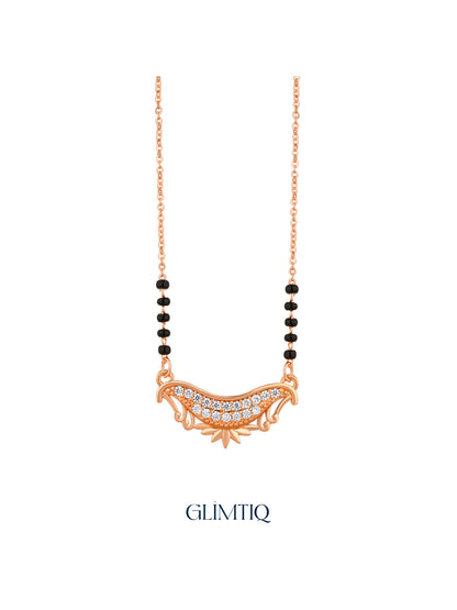 Rose gold crescent mangalsutra pendant with two rows of clear stones, curved side details and a small lotus motif
