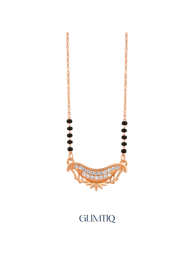 Rose gold crescent mangalsutra pendant with two rows of clear stones, curved side details and a small lotus motif