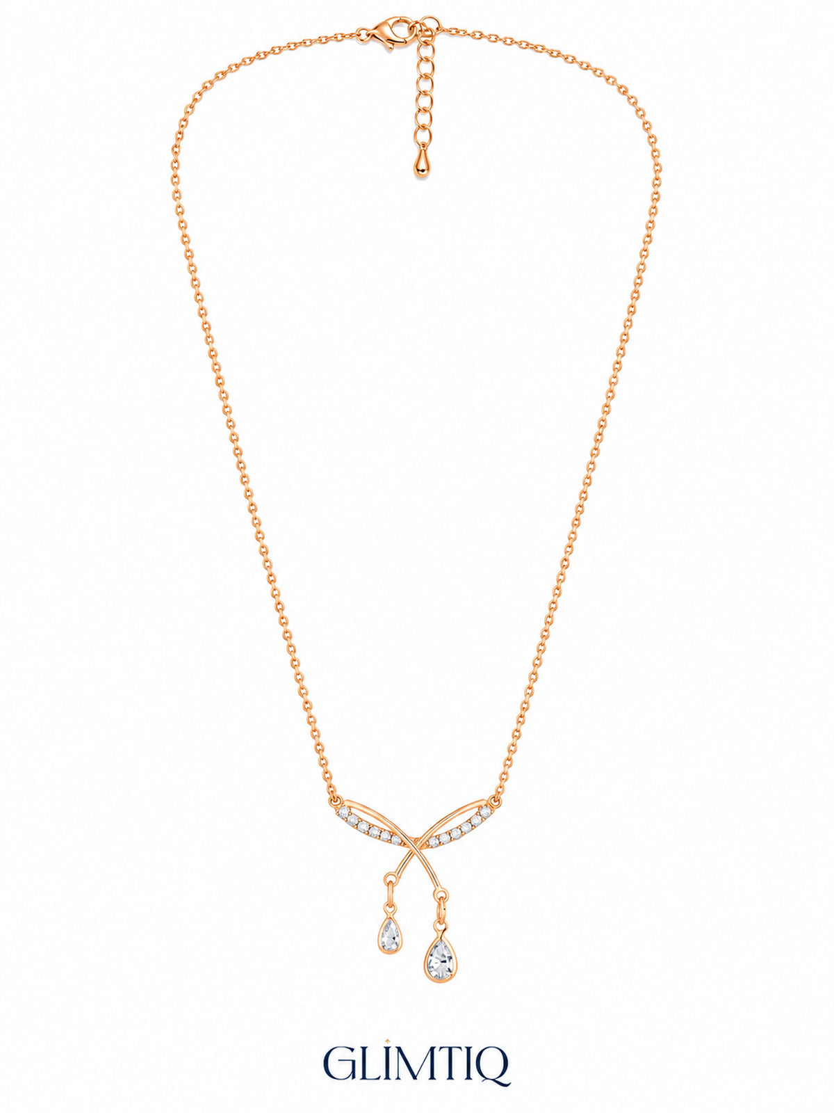 Full view of Criss Cross Dangles 18K Gold Plated Necklace showing its chain, clasp and extender