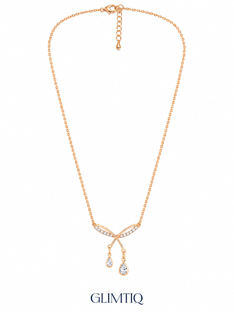 Full view of Criss Cross Dangles 18K Gold Plated Necklace showing its chain, clasp and extender