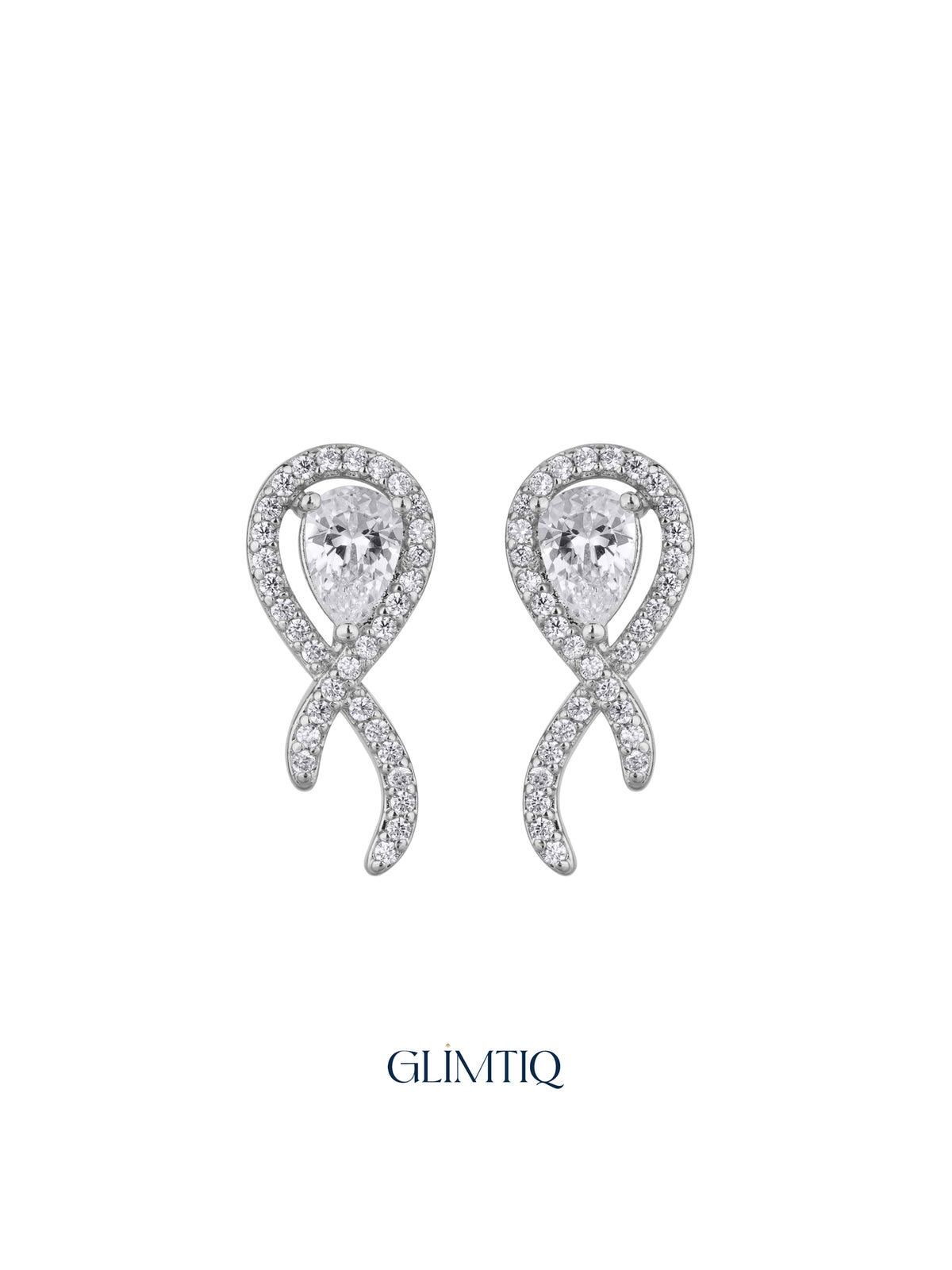 Pair of Crossed Ribbon silver-front stud earrings with teardrop centres and sparkling crossed loops