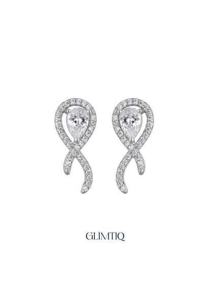 Pair of Crossed Ribbon silver-front stud earrings with teardrop centres and sparkling crossed loops