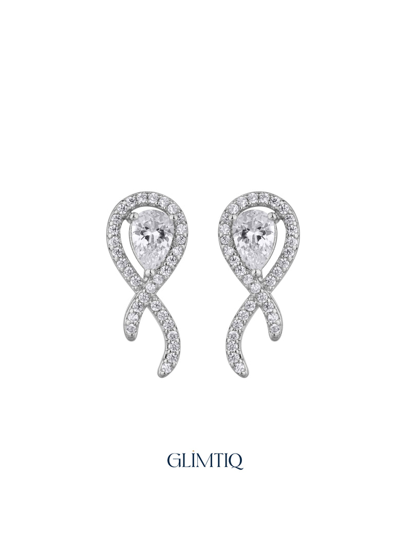 Pair of Crossed Ribbon silver-front stud earrings with teardrop centres and sparkling crossed loops
