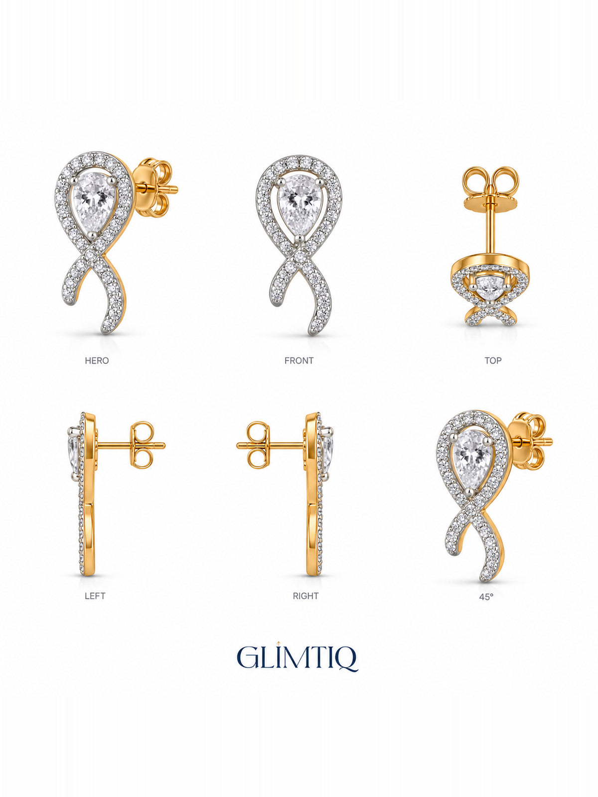 Six views of Crossed Ribbon stud earrings showing front, sides, gold-toned posts and butterfly backs