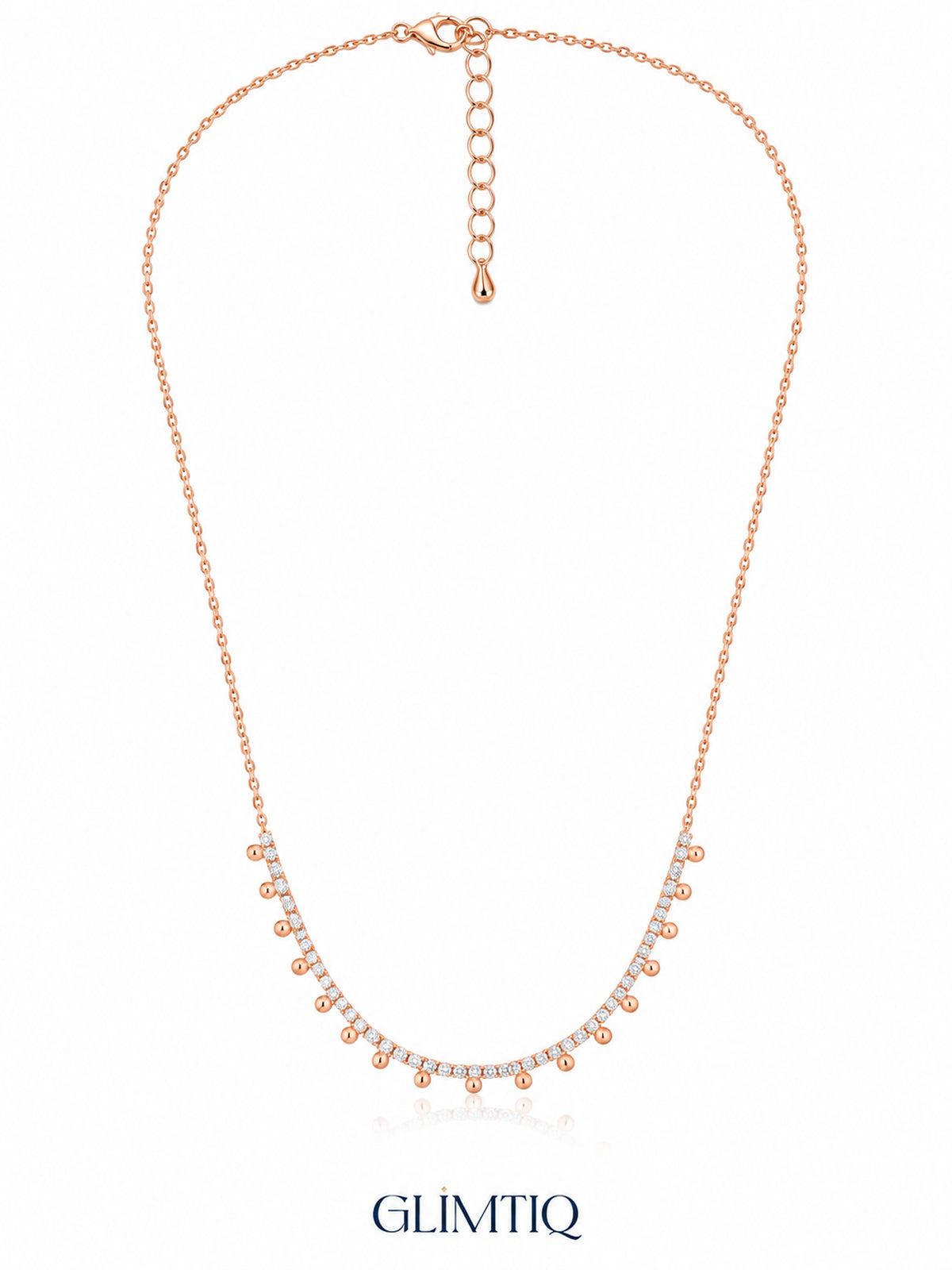 Dewdrop Tennis Arc 18K Rose Gold Plated Fringe Necklace — full chain