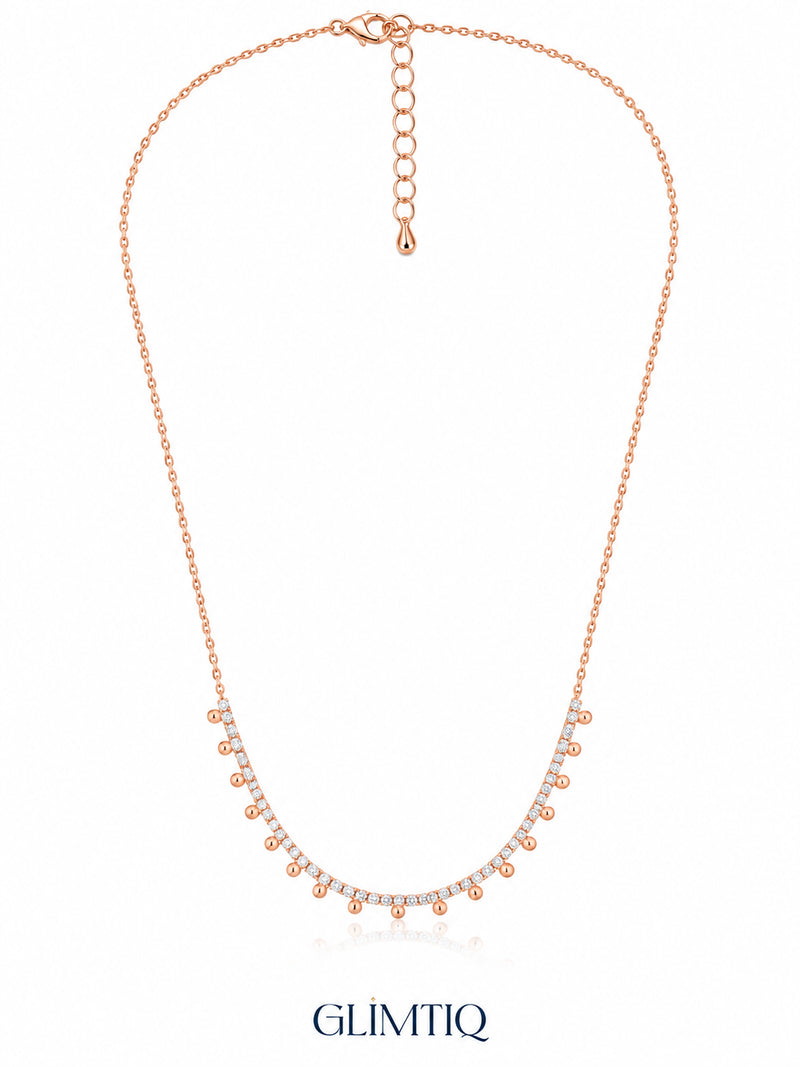 Dewdrop Tennis Arc 18K Rose Gold Plated Fringe Necklace — full chain