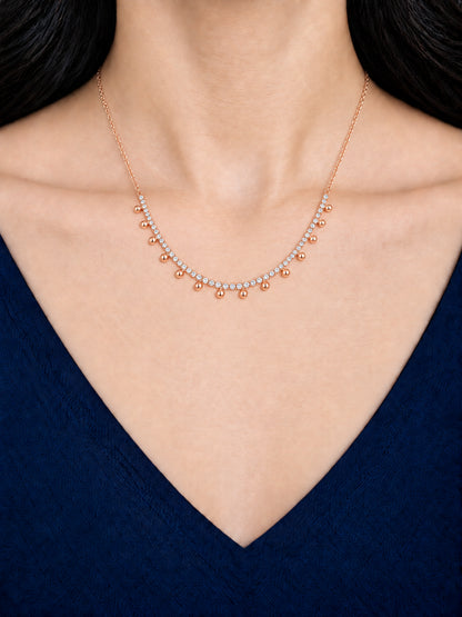 Dewdrop Tennis Arc 18K Rose Gold Plated Fringe Necklace — model view