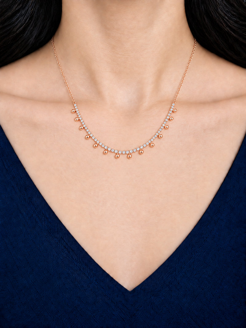Dewdrop Tennis Arc 18K Rose Gold Plated Fringe Necklace — model view