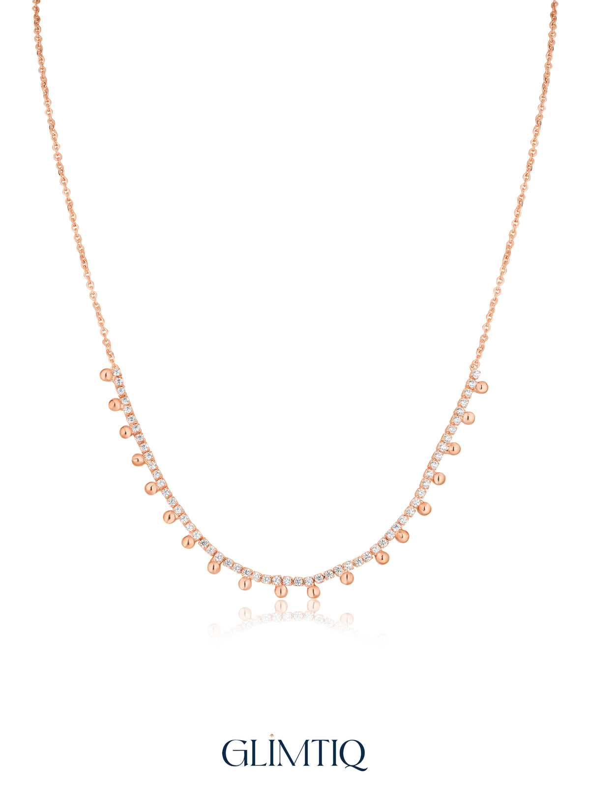 Dewdrop Tennis Arc 18K Rose Gold Plated Fringe Necklace — studio view