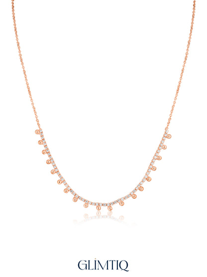 Dewdrop Tennis Arc 18K Rose Gold Plated Fringe Necklace — studio view