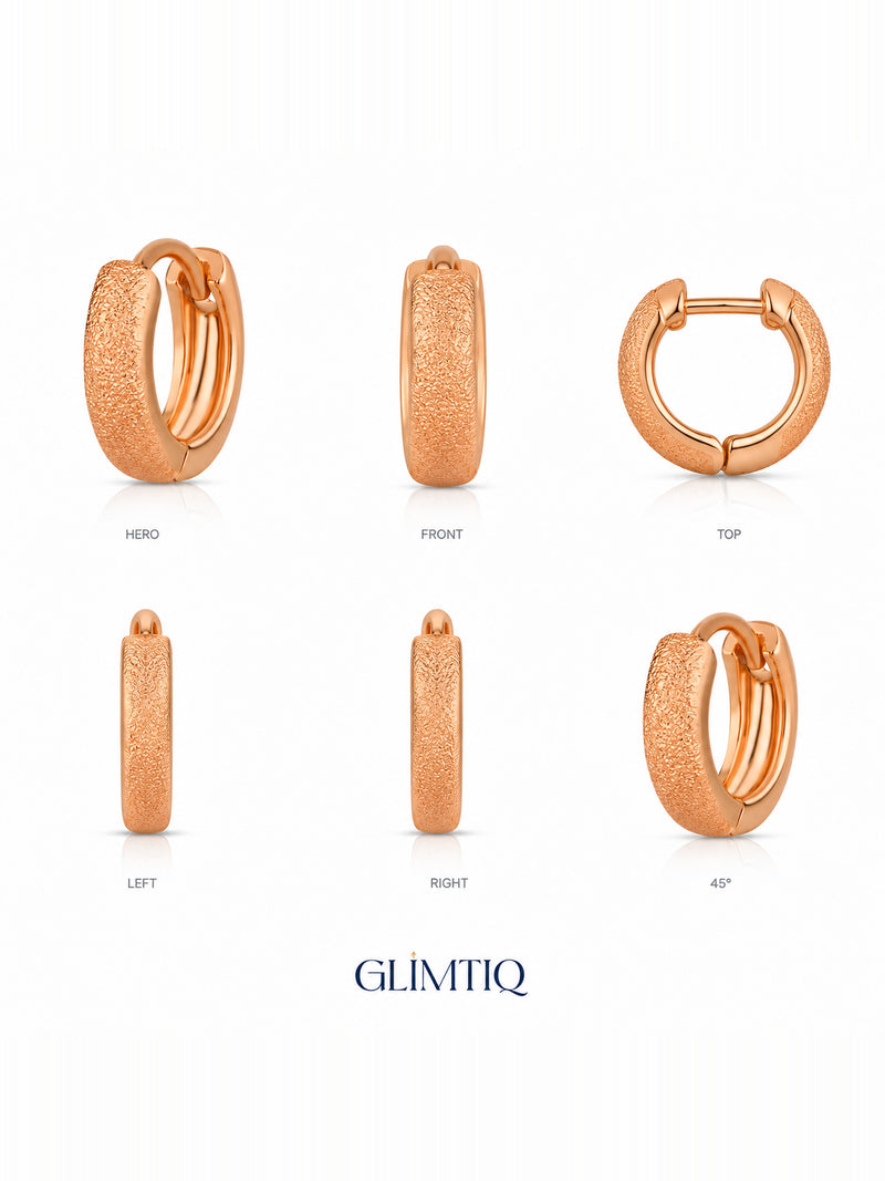 Six views of everyday gleam 18k rose gold plated huggie earrings showing front, sides and back