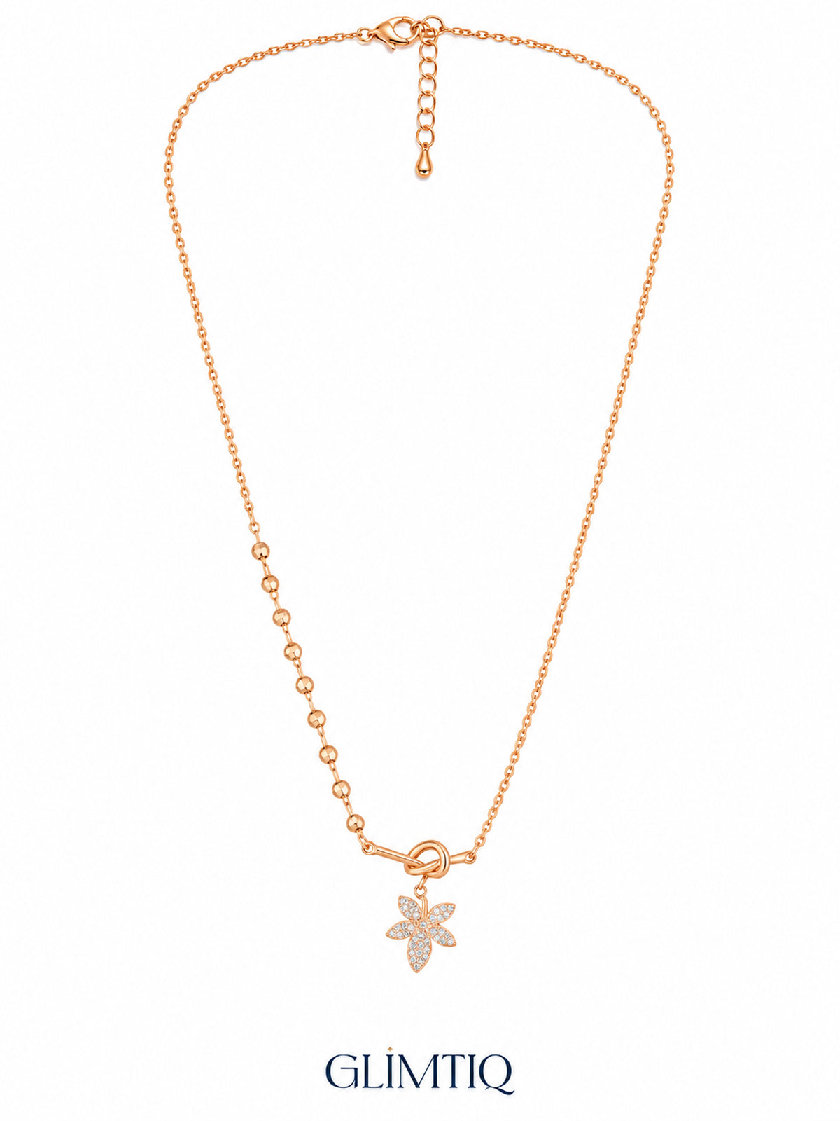 Full view of Floral Knot 18K Gold Plated Necklace showing its chain, clasp and extender