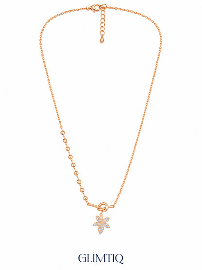 Full view of Floral Knot 18K Gold Plated Necklace showing its chain, clasp and extender