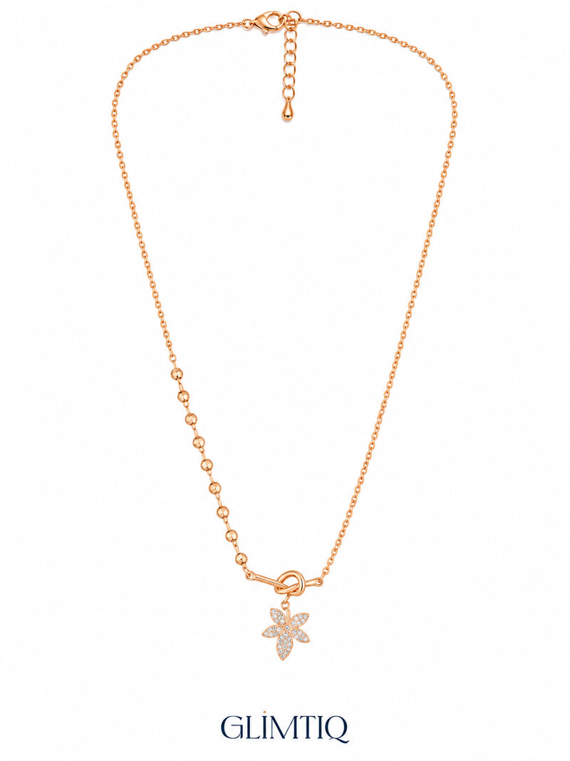 Full view of Floral Knot 18K Gold Plated Necklace showing its chain, clasp and extender