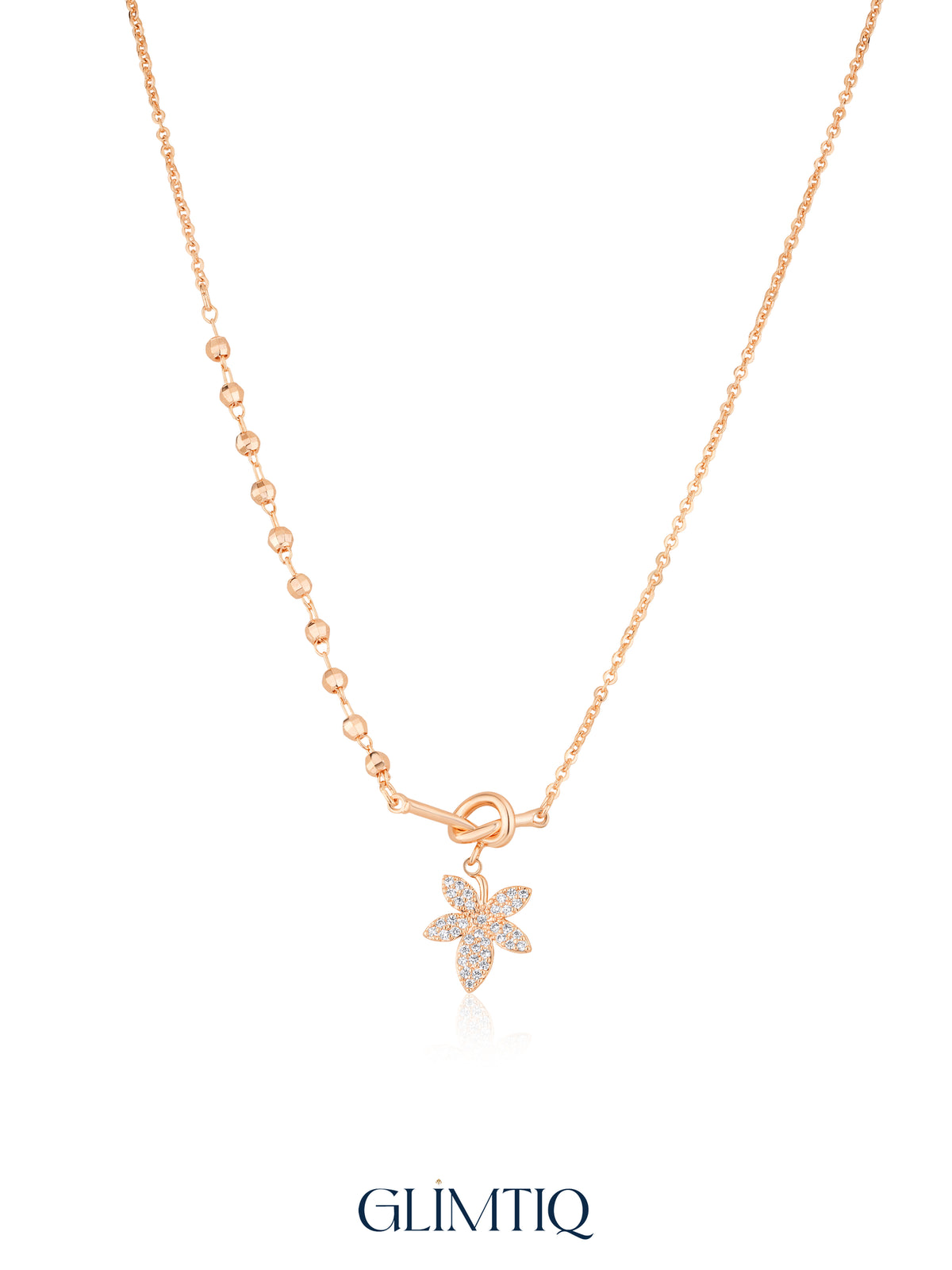 Floral Knot 18K Gold Plated Necklace studio view showing the front design and chain