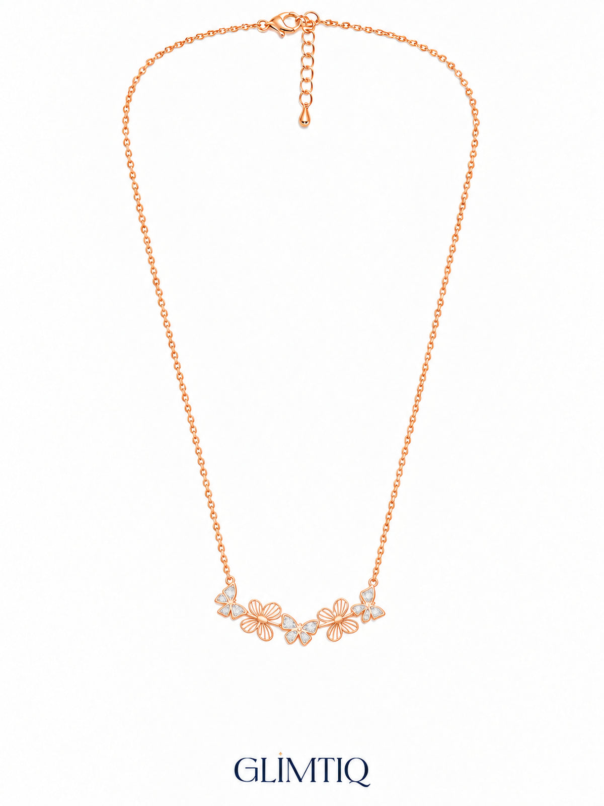 Full view of Fluttering Butterfly Garland 18K Gold Plated Necklace showing its chain, clasp and extender