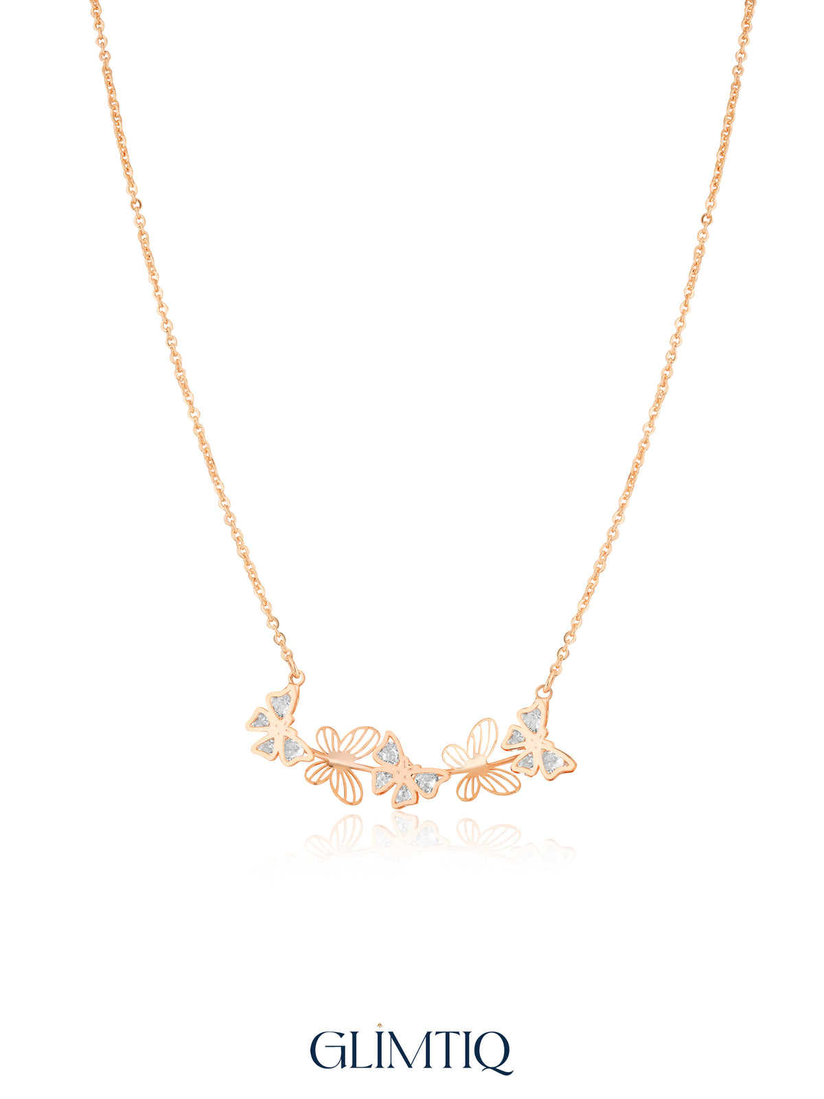 Fluttering Butterfly Garland 18K Gold Plated Necklace studio view showing the front design and chain