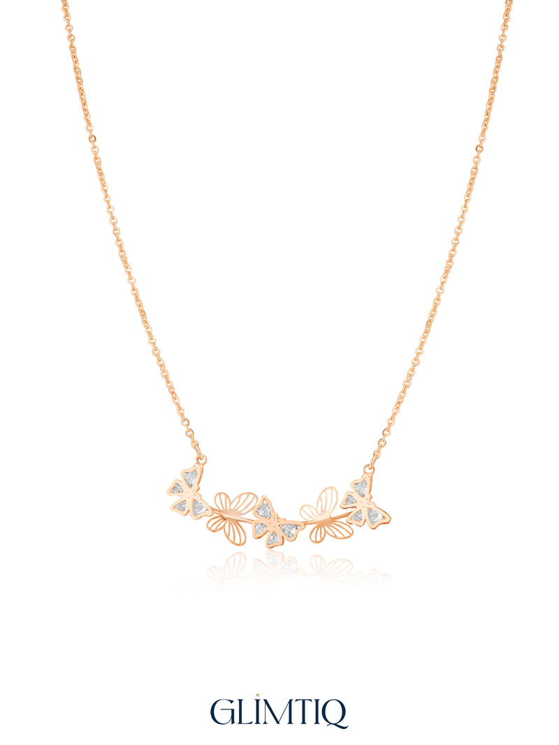 Fluttering Butterfly Garland 18K Gold Plated Necklace studio view showing the front design and chain