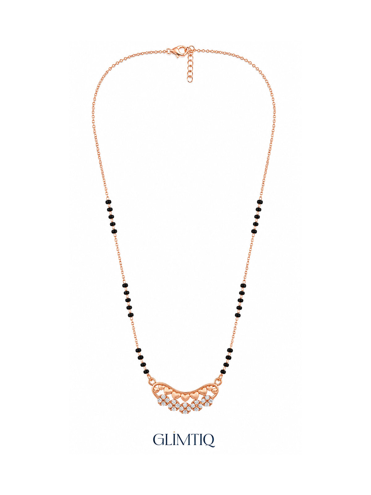 Full rose gold mangalsutra showing black bead sections, curved row of rose-gold hearts above sparkling flower clusters, lobster clasp and extension chain.