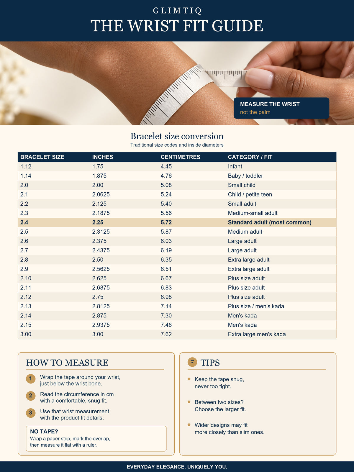 Glimtiq bracelet size measurement guide
