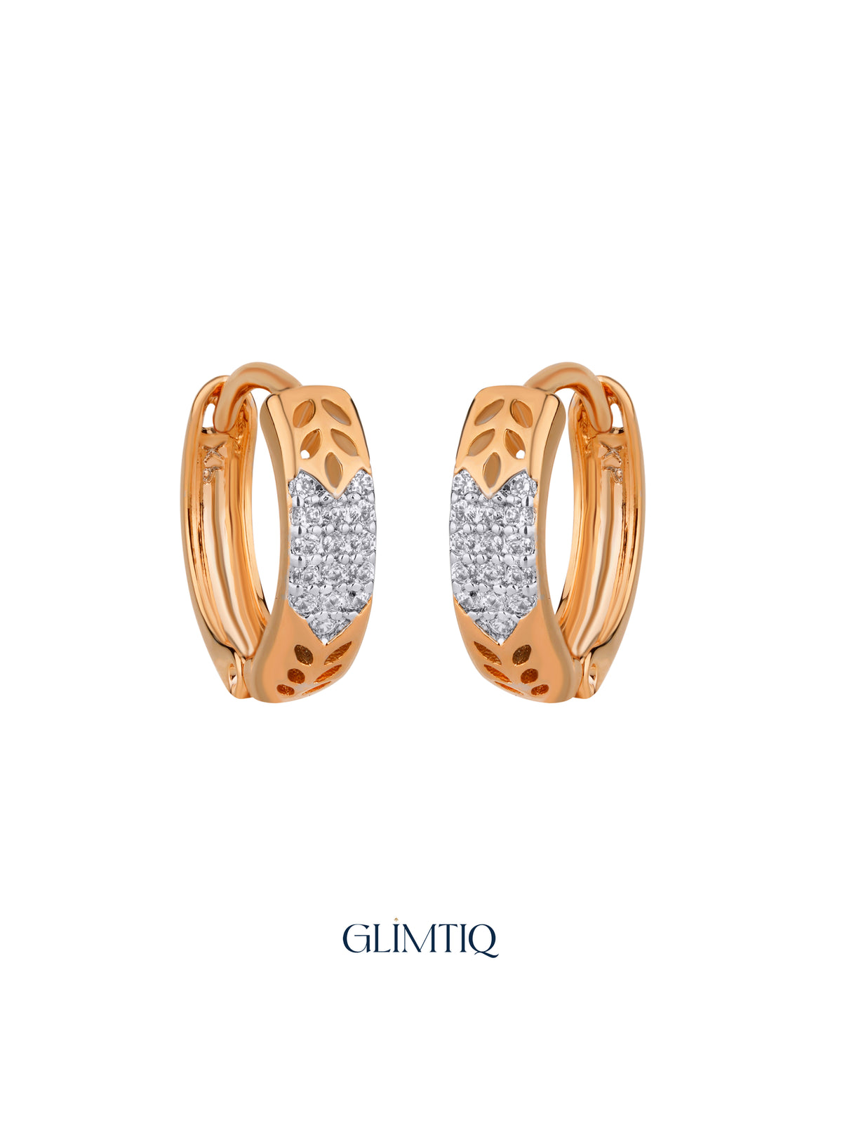 Pair of Golden Leaf 18K Rose Gold Plated Hoops, studio view
