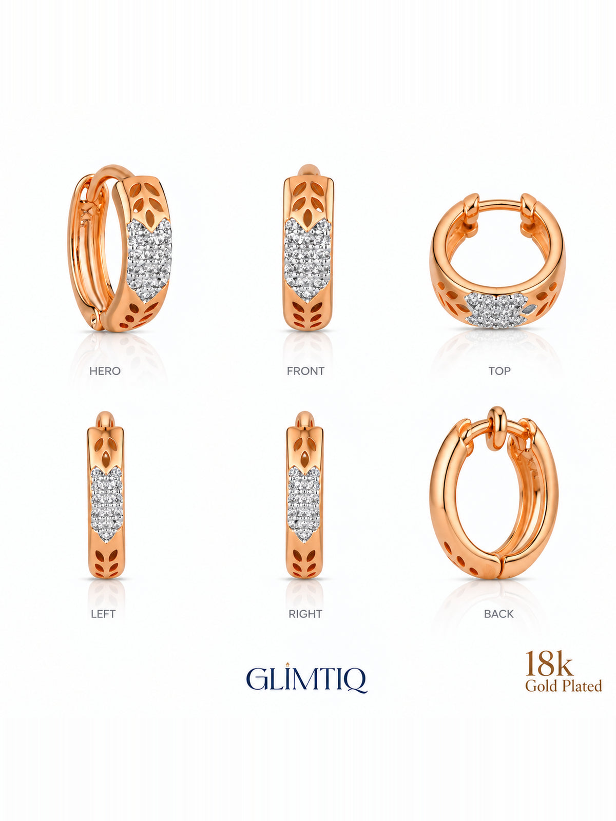 Six views of golden leaf 18k rose gold plated hoops showing front, sides and back