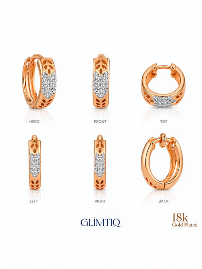 Six views of golden leaf 18k rose gold plated hoops showing front, sides and back